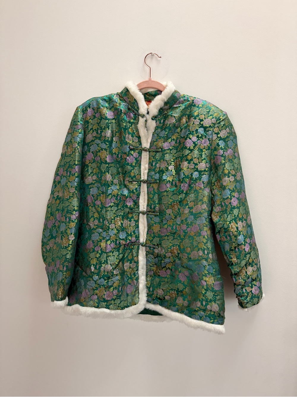 Green Floral Brocade Jacket with White Faux Fur Trim